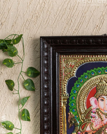 Tanjore Painting Peacock Ganesha - Flat (Gold foil) - 15x12 inch - WL5241 - Tanjore Painting
