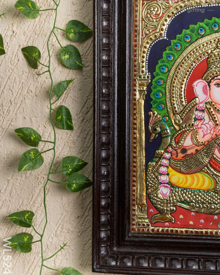 Tanjore Painting Peacock Ganesha - Flat (Gold foil) - 15x12 inch - WL5241 - Tanjore Painting