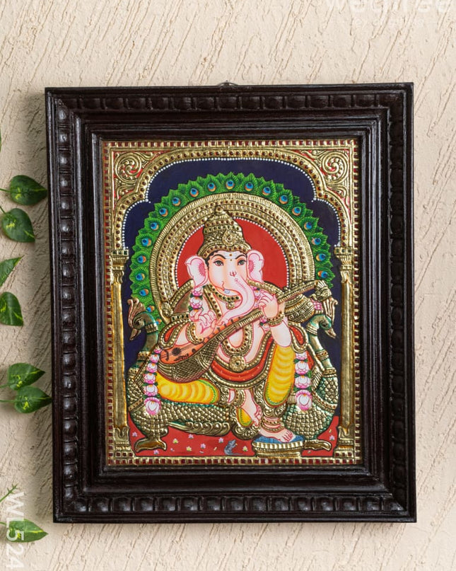 Tanjore Painting Peacock Ganesha - Flat (Gold foil) - 15x12 inch - WL5241 - Tanjore Painting