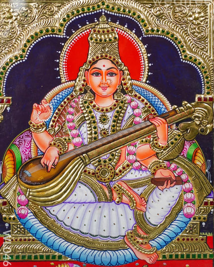 Tanjore Painting - Saraswathi - Flat (Gold Foil) - 15x12 inch - WL0461 - Tanjore Painting