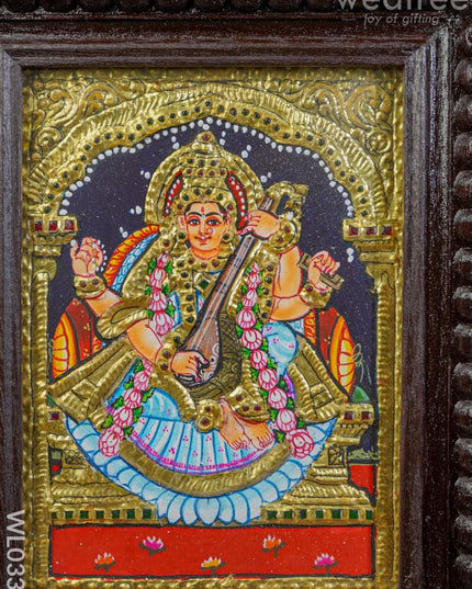Tanjore Painting - Saraswathi With Swan Flat (Gold Foil) 8X6 Inch Wl0335