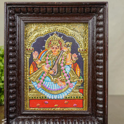Tanjore Painting - Saraswathi With Swan Flat (Gold Foil) 8X6 Inch Wl0335