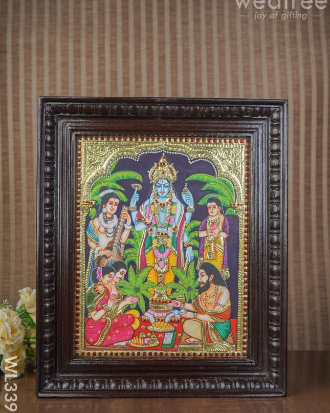 Tanjore Painting Embossed Satya Narayana Pooja - 15 X 12 Inch Wl3399