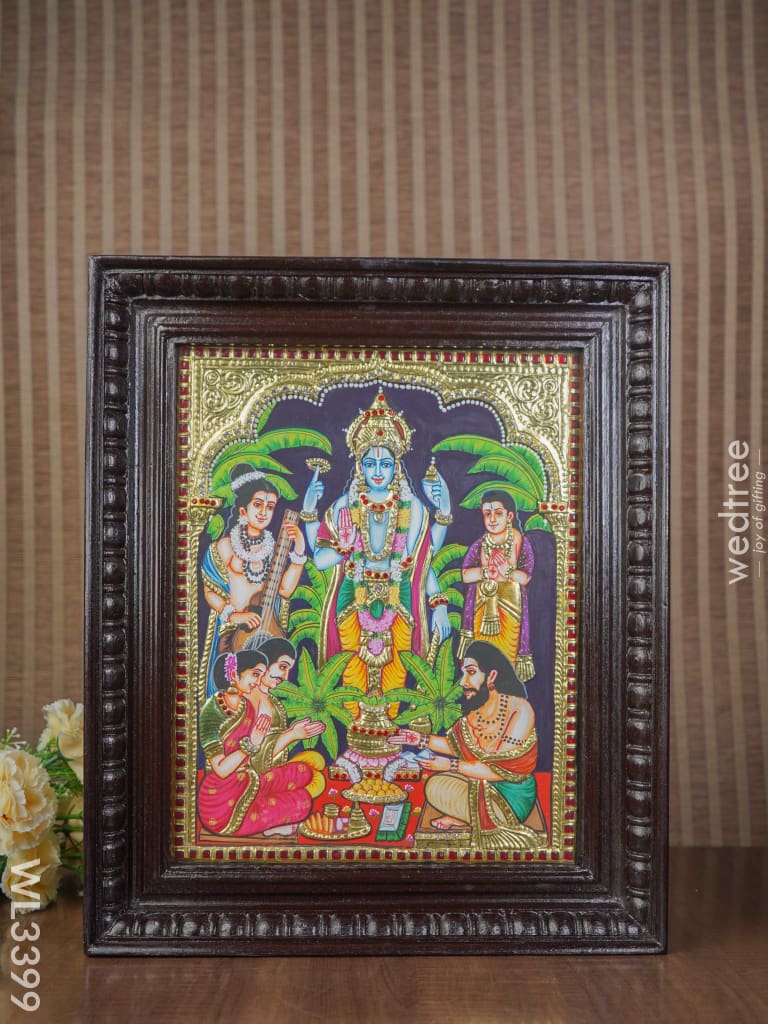 Tanjore Painting Embossed Satya Narayana Pooja - 15 X 12 Inch Wl3399
