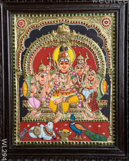 Tanjore Painting - Shiv Parivar - Semi Embossed - 15x12 inch - WL2948 - Tanjore Painting