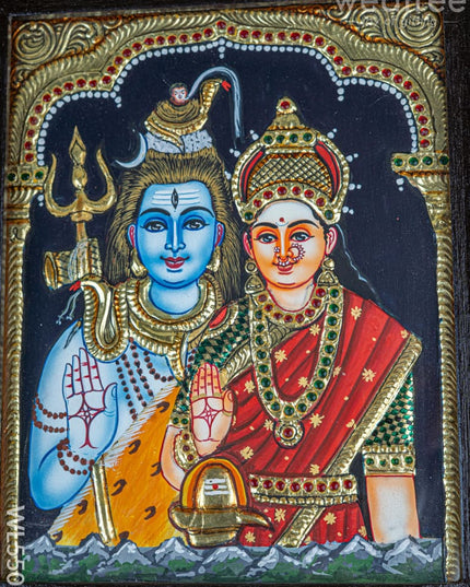 Tanjore Painting - Shivan-Parvati - Flat (Gold Foil) - 10x8 inch - WL5509 - Tanjore Painting