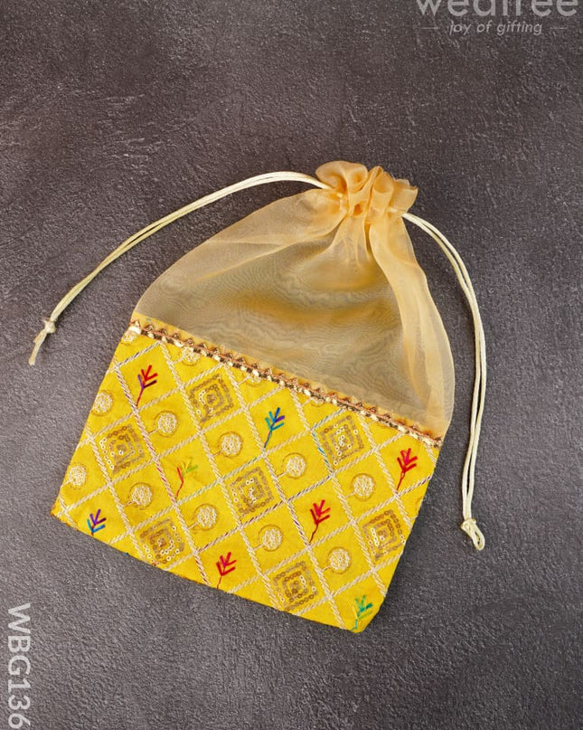 Tissue and Embroidered Raw Silk String Bag - WBG1361 - String Bags