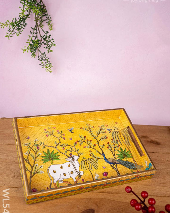 Tray with Pichwai and Mugal Theme - 12x8 inch - WL5400 - Wooden Trays