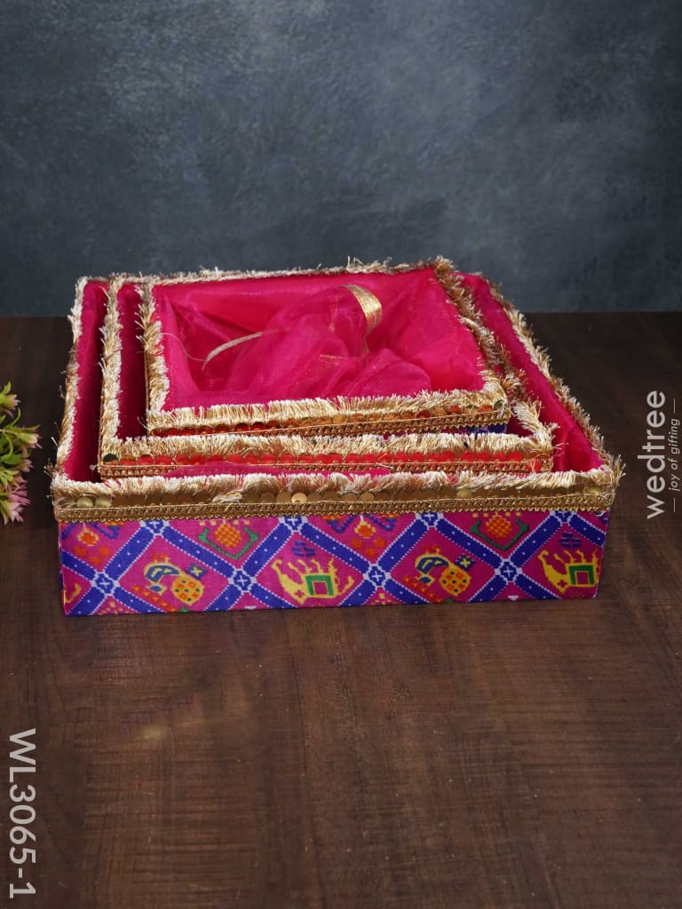 Trousseau Baskets In Patola Fabric With Golden Lace - Set Of 3 Wl3065 Pink Wedding Essentials