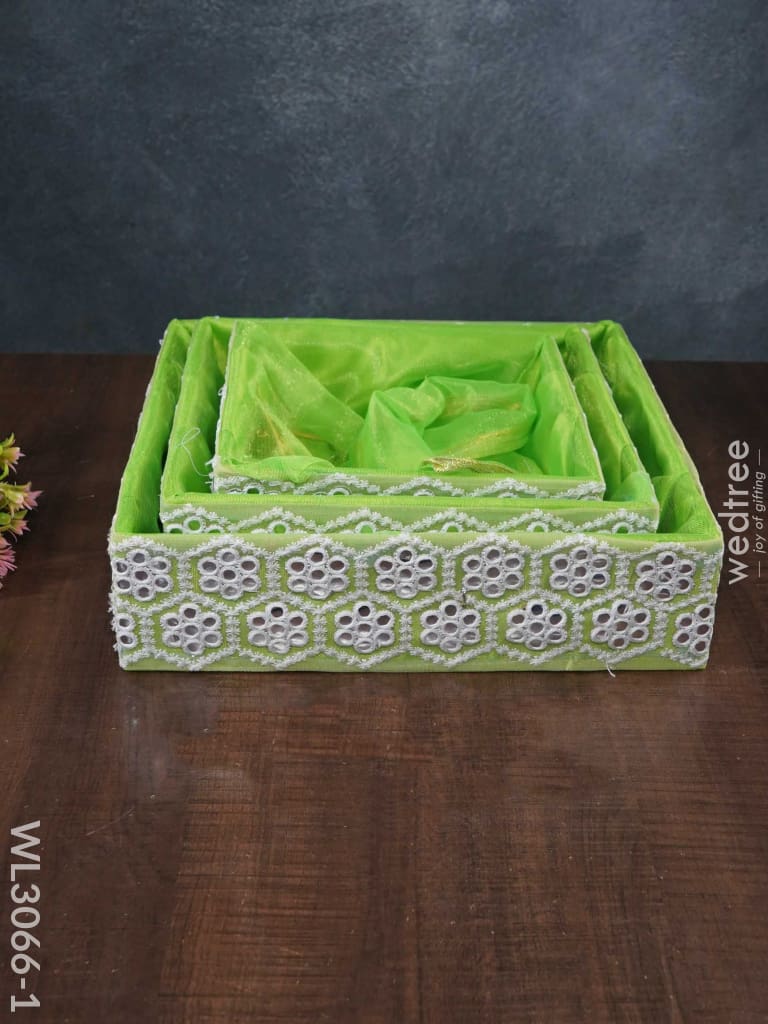 Trousseau Baskets With Embroidery And Mirror Work - Set Of 3 Wl3066 Green Wedding Essentials