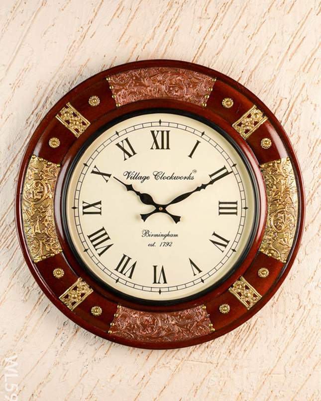 Wall Clock - Embossed Brass with Floral Designs - 18 inch - WL5914 - Wall Clocks