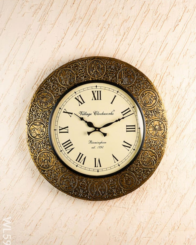 Wall Clock - Embossed Brass with Zodiac Signs - 18 inch - WL5910 - Wall Clocks
