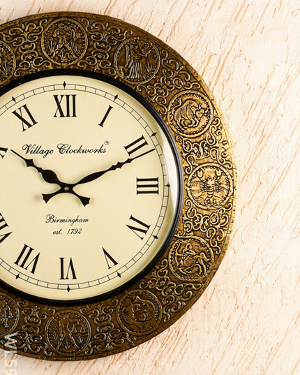 Wall Clock - Embossed Brass with Zodiac Signs - 18 inch - WL5910 - Wall Clocks