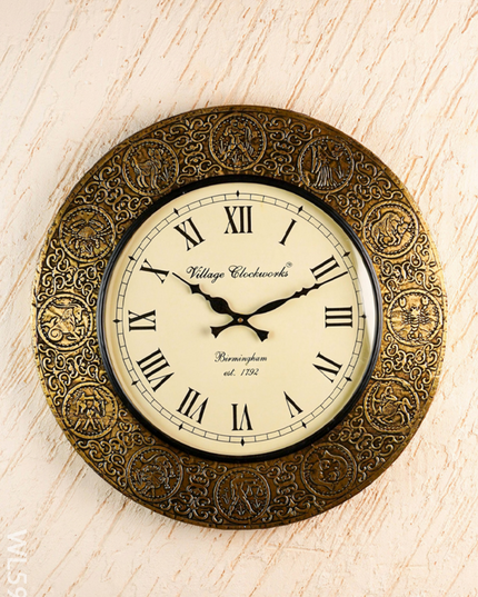 Wall Clock - Embossed Brass with Zodiac Signs - 18 inch - WL5910 - Wall Clocks