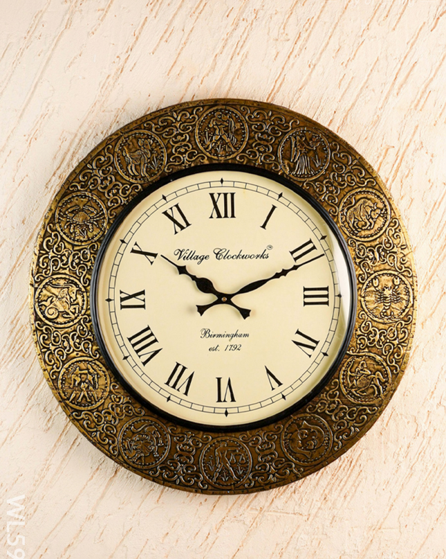 Wall Clock - Embossed Brass with Zodiac Signs - 18 inch - WL5910 - Wall Clocks