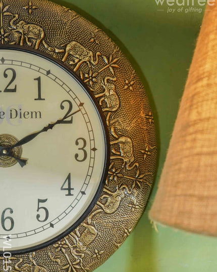 Wall Clocks - Embossed Brass With Brown And Gold Elephant Design (18 Inch) Wl0154 Clocks