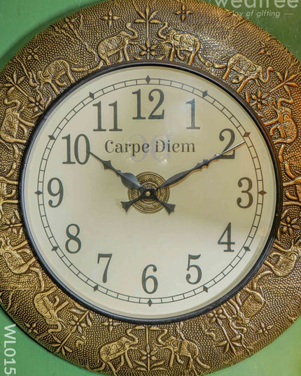 Wall Clocks - Embossed Brass With Brown And Gold Elephant Design (18 Inch) Wl0154 Clocks