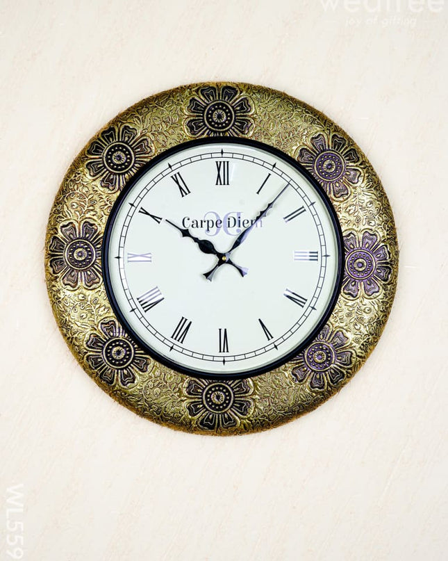 Wall Clocks - Embossed Brass with Flower Design - 18 inch - WL5593 - Wall Clocks