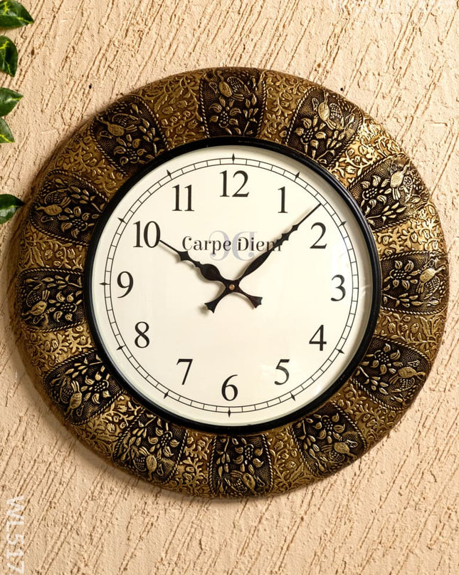 Wall Clocks - Embossed Brass with Peacock Design - 18 inch - WL5174 - Wall Clocks