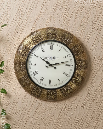 Wall Clocks - Embossed Brass with Peacock Design - 18 inch - WL5174 - Wall Clocks