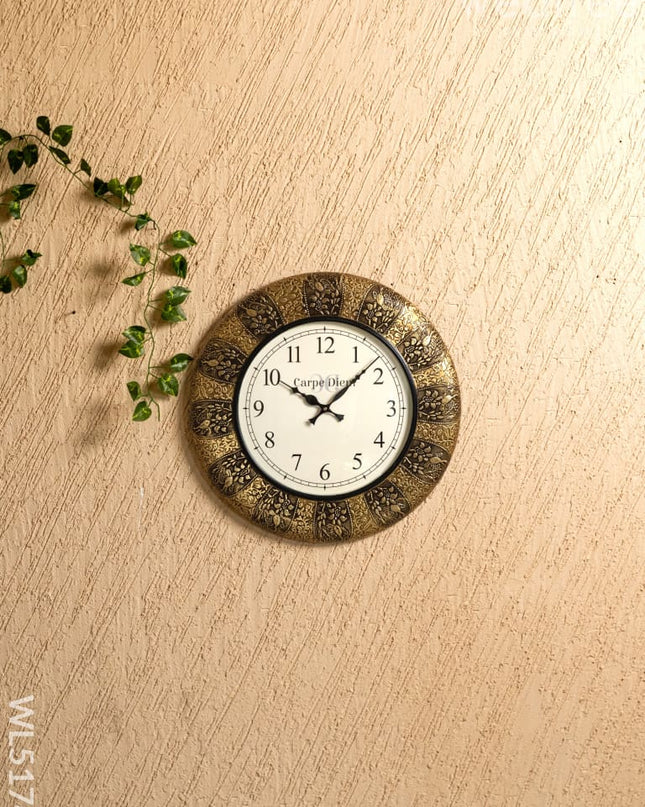 Wall Clocks - Embossed Brass with Peacock Design - 18 inch - WL5174 - Wall Clocks
