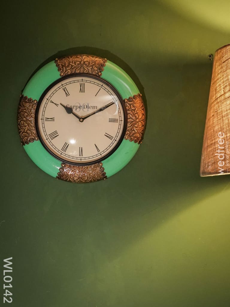 Wall Clocks - Green Coloured With Brass Antique Finish (12 Inches) Wl0142 Clocks