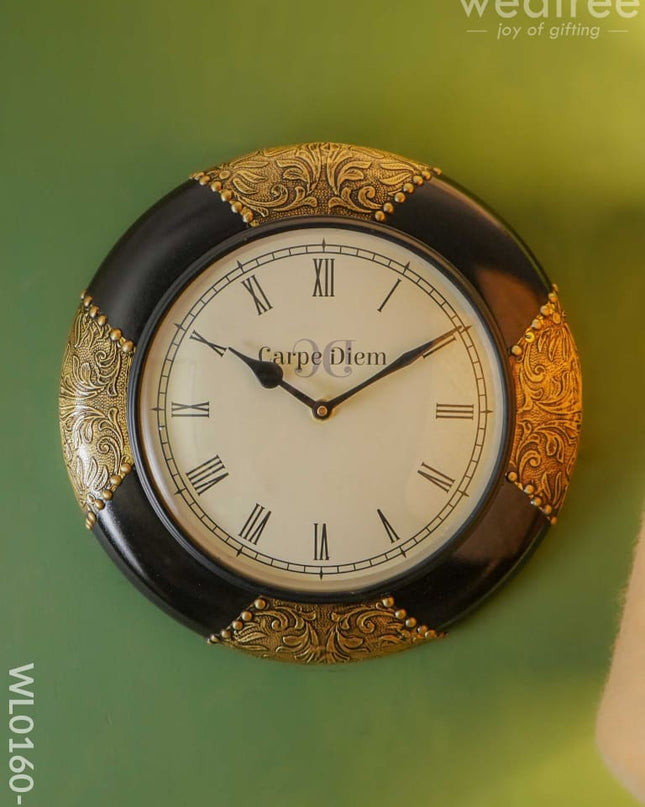 Wall Clocks -Hand Painted With Black Floral Prints & Stone Work (12 Inches) - Wl0160-1 Clocks