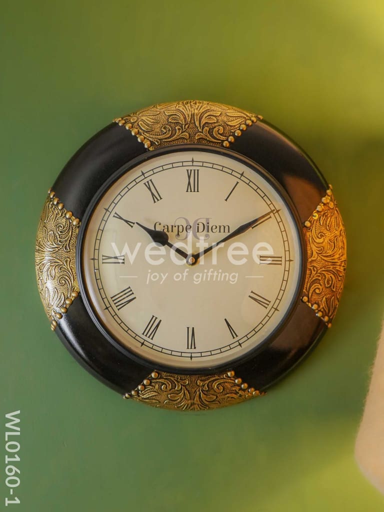 Wall Clocks -Hand Painted With Black Floral Prints & Stone Work (12 Inches) - Wl0160-1 Clocks