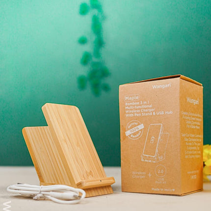 Wangari - Bamboo Wireless Charger with Pen Stand & USB - 15W - WL4823 Electronics