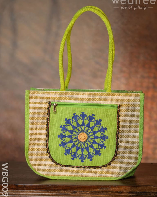 Warli Printed Jute Bag With Horizontal Stripes - Wbg0090 Bags