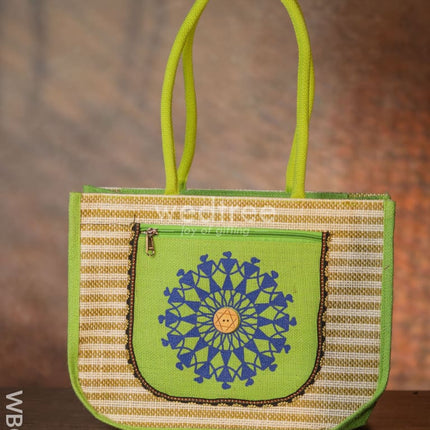 Warli Printed Jute Bag With Horizontal Stripes - Wbg0090 Bags
