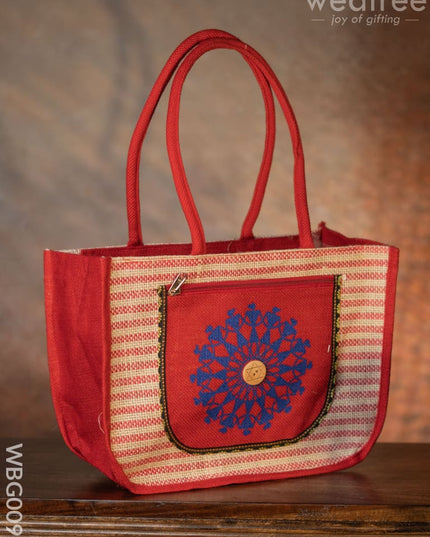 Warli Printed Jute Bag With Horizontal Stripes - Wbg0090 Bags
