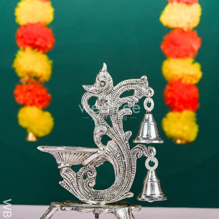 White Metal Chowki with Diya & Hanging Bells - WBG1276 White Metal Pooja Utility RG