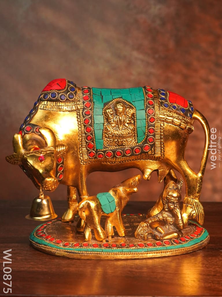White Metal Cow And Calf With Gold Finish - Wl0875