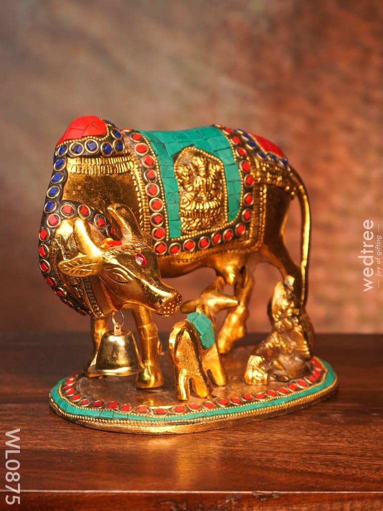 White Metal Cow And Calf With Gold Finish - Wl0875