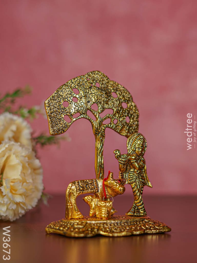 White Metal Cow Krishna Under Tree Gold Finish - W3673 Divine Figurines