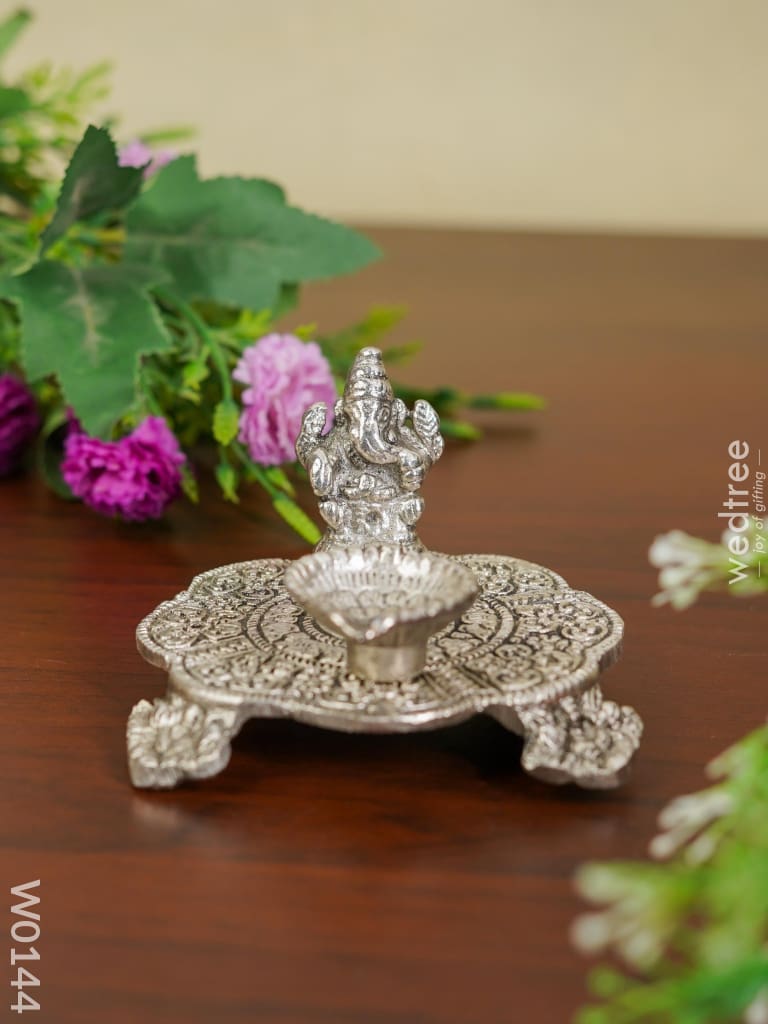 White Metal Ganesh Chowki With Diya - W0144 Diyas