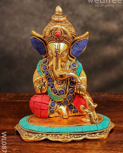 White Metal Gold Finish Ganesh With Mouse Small - Wl0879