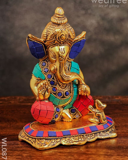 White Metal Gold Finish Ganesh With Mouse Small - Wl0879