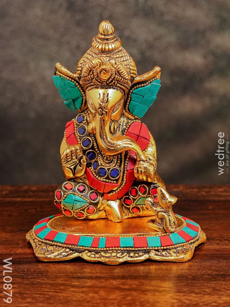 White Metal Gold Finish Ganesh With Mouse Small - Wl0879