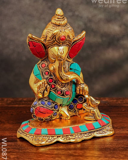 White Metal Gold Finish Ganesh With Mouse Small - Wl0879