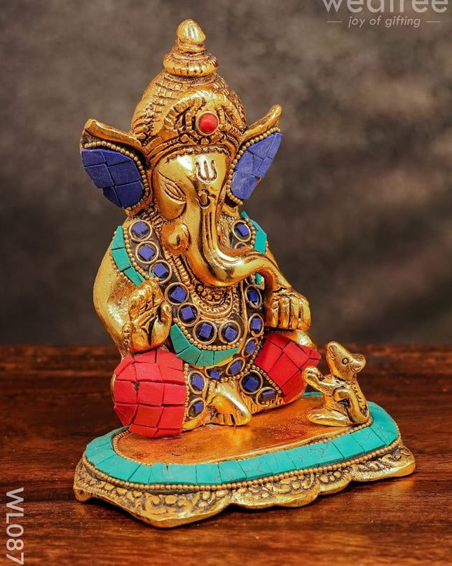 White Metal Gold Finish Ganesh With Mouse Small - Wl0879