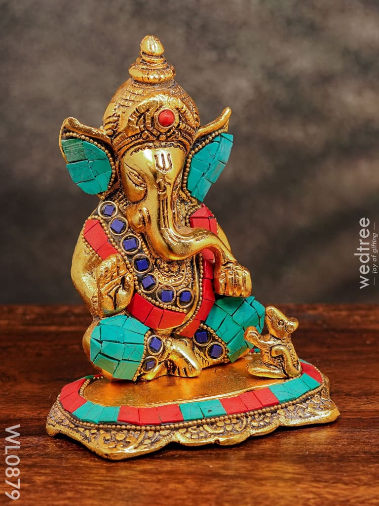 White Metal Gold Finish Ganesh With Mouse Small - Wl0879