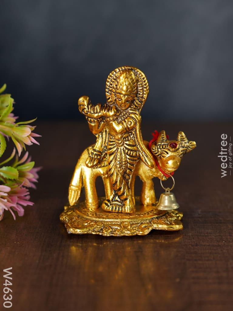 White Metal Gold Finish Krishna With Cow - W4630 Divine Figurines