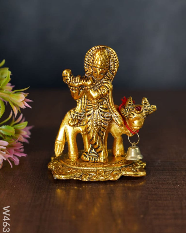White Metal Gold Finish Krishna With Cow - W4630 Divine Figurines