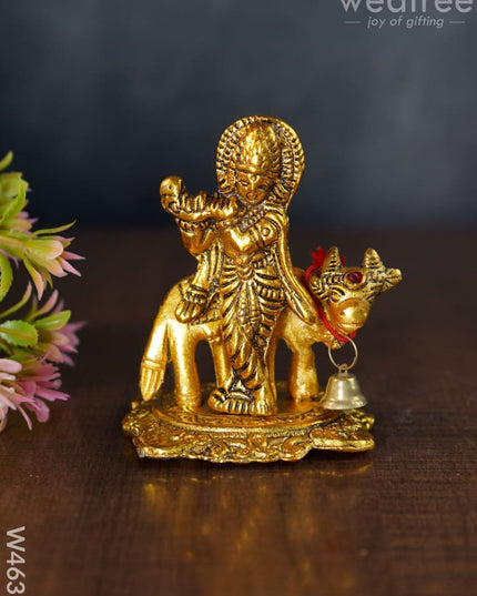 White Metal Gold Finish Krishna With Cow - W4630 Divine Figurines
