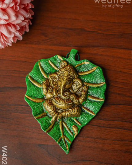 White Metal Green Leaf Ganesha Hanging - W4023 Figurine