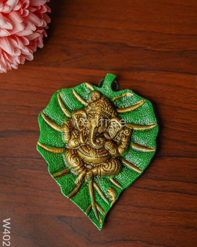 White Metal Green Leaf Ganesha Hanging - W4023 Figurine