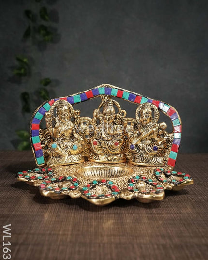 White Metal Lakshmi Ganesh Saraswathi Five Face Diya With Stone Work - Wl1635
