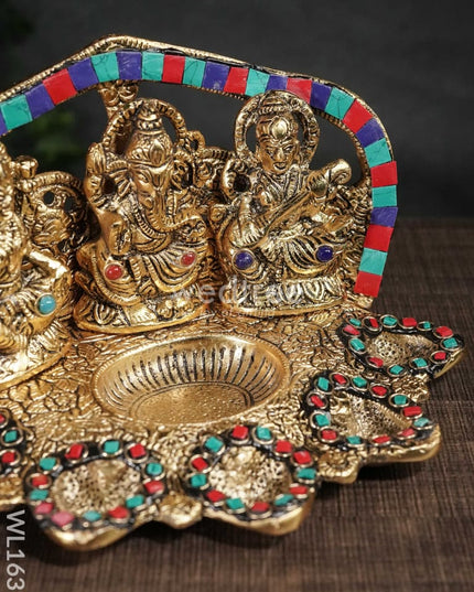 White Metal Lakshmi Ganesh Saraswathi Five Face Diya With Stone Work - Wl1635